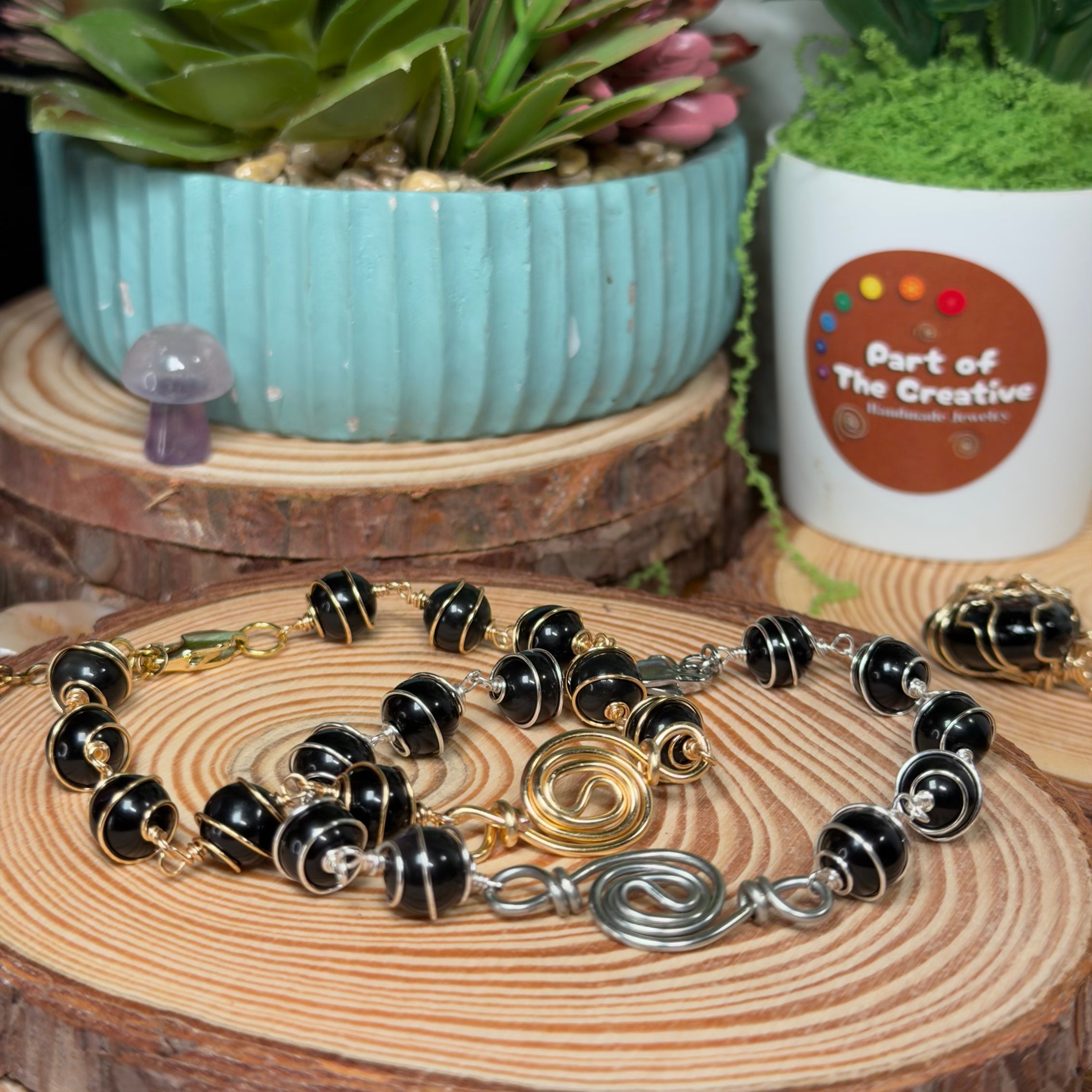 Obsidian Wrapped Chakra Bracelet ( 6.5 inches )